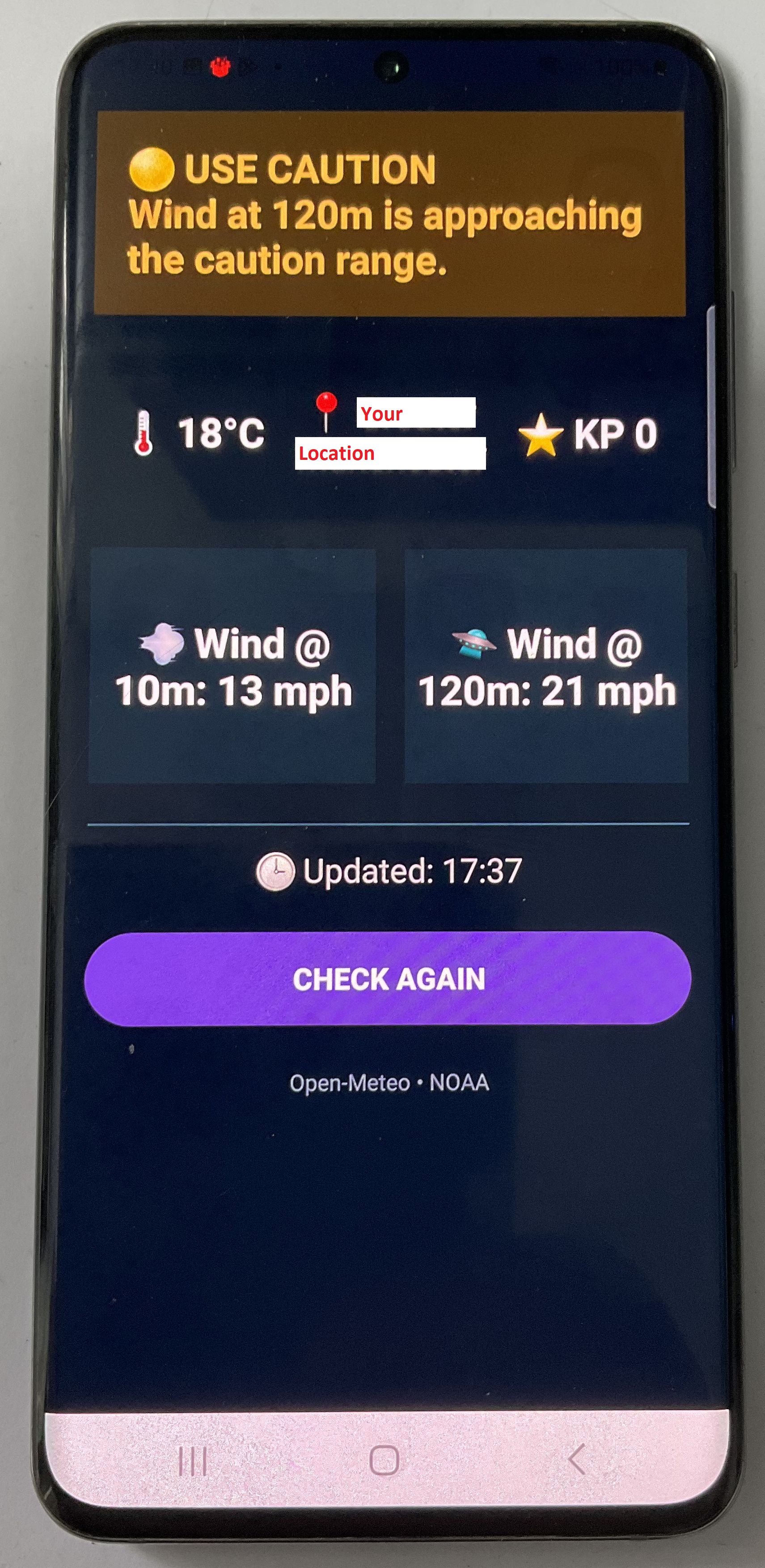 SkyCheck running on an Android phone