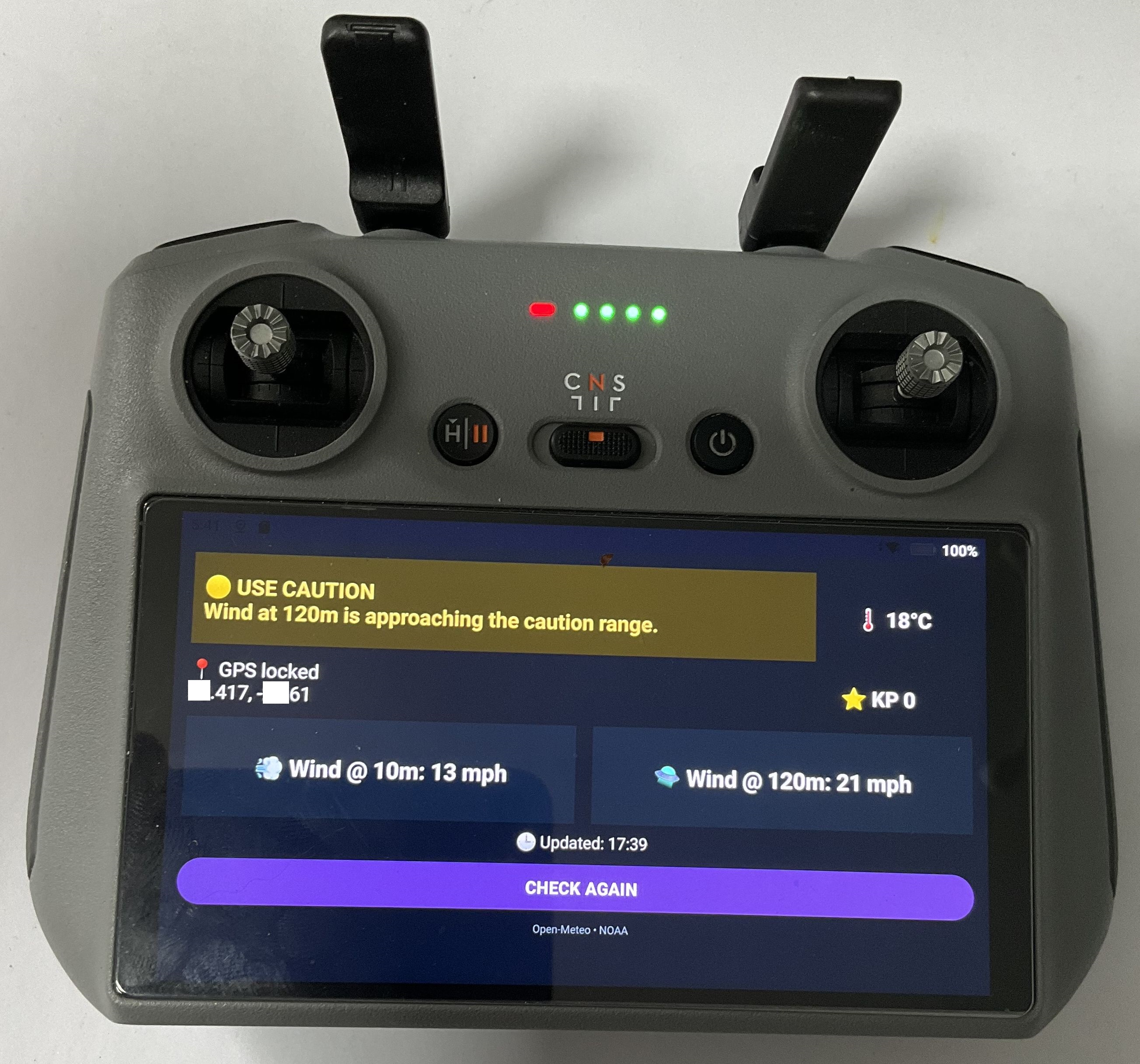 SkyCheck running on a DJI RC2 controller